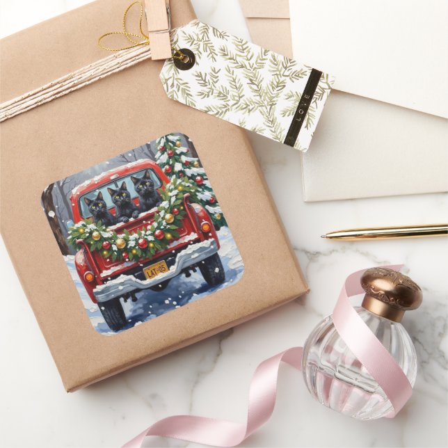 Black Cat Christmas Red Truck Holiday Square Sticker (Gifting)