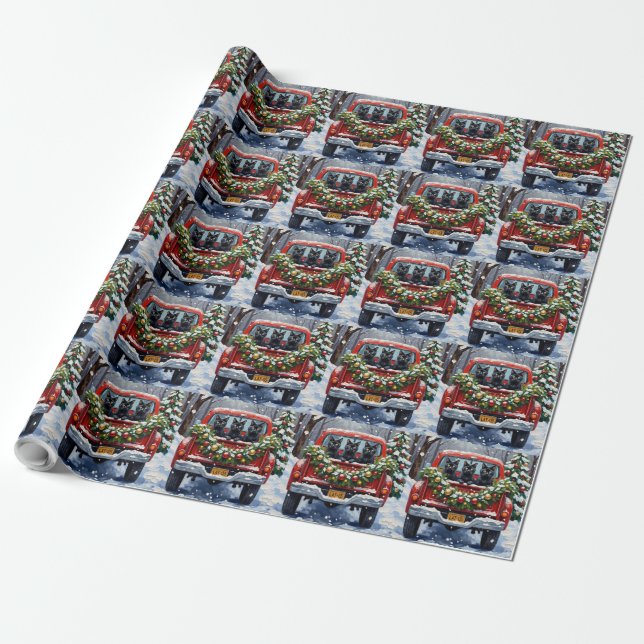 Black Cat Christmas Red Truck Holiday Wrapping Paper (Unrolled)