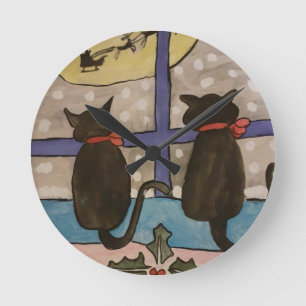 Black Cat Christmas  Round Clock