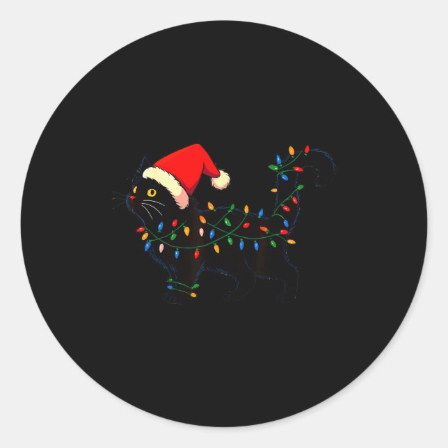 Black Cat Christmas Santa Hat Funny  Classic Round Sticker (Front)