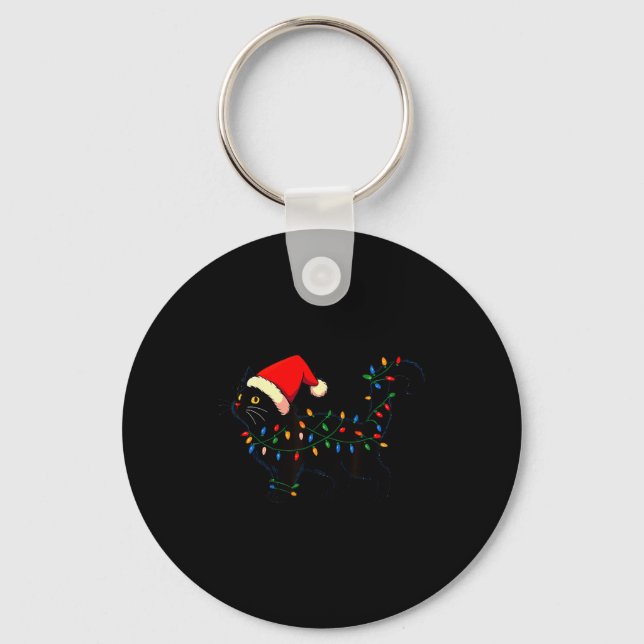 Black Cat Christmas Santa Hat Funny  Key Ring (Front)