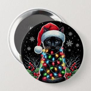 Black Cat Christmas Santa Hat Funny Meowy Cat 10 Cm Round Badge