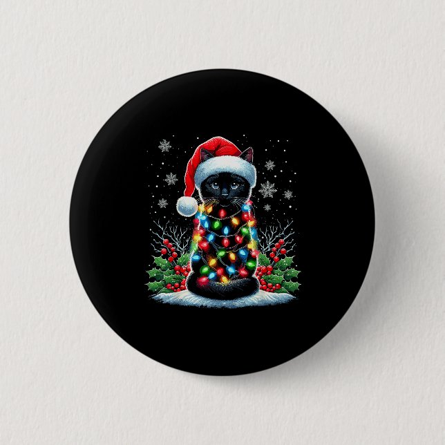 Black Cat Christmas Santa Hat Funny Meowy Cat  6 Cm Round Badge (Front)