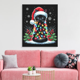 Black Cat Christmas Santa Hat Funny Meowy Cat Canvas Print