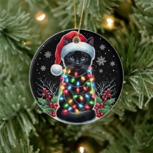 Black Cat Christmas Santa Hat Funny Meowy Cat Ceramic Tree Decoration