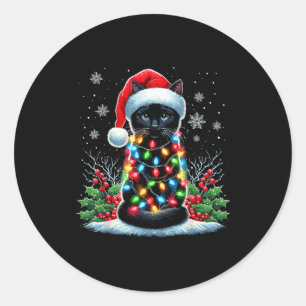 Black Cat Christmas Santa Hat Funny Meowy Cat  Classic Round Sticker