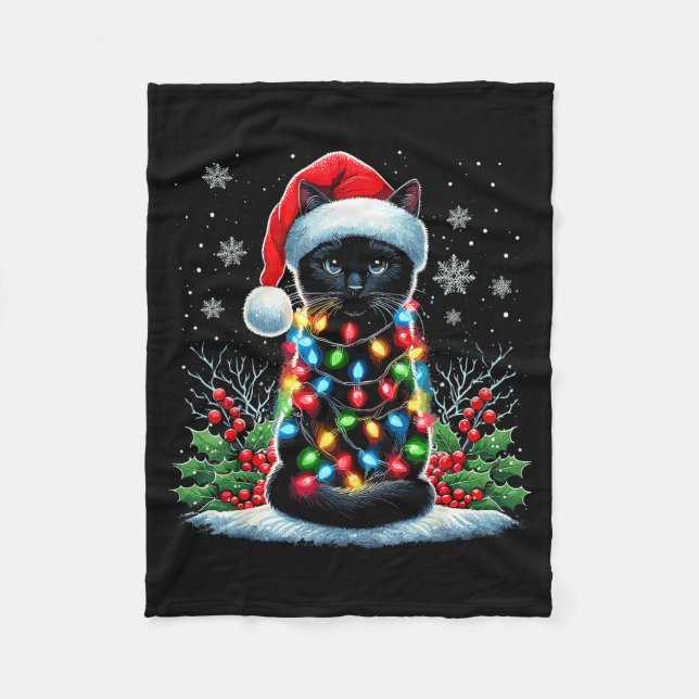 Black Cat Christmas Santa Hat Funny Meowy Cat  Fleece Blanket (Front)