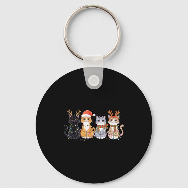 Black Cat Christmas Santa Hat Funny Meowy Cat  Key Ring (Front)