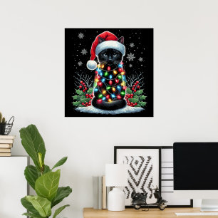 Black Cat Christmas Santa Hat Funny Meowy Cat Poster