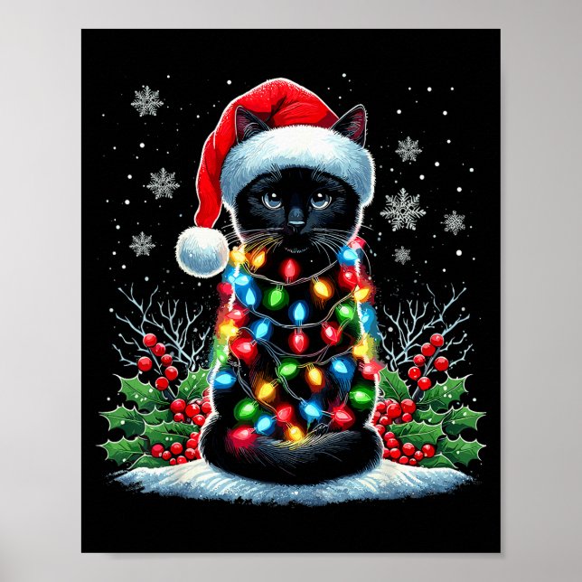 Black Cat Christmas Santa Hat Funny Meowy Cat  Poster (Front)