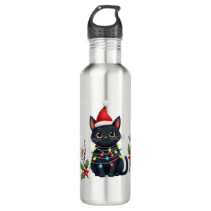 Black Cat Christmas Santa Hat Funny Meowy Cat T-Sh 710 Ml Water Bottle