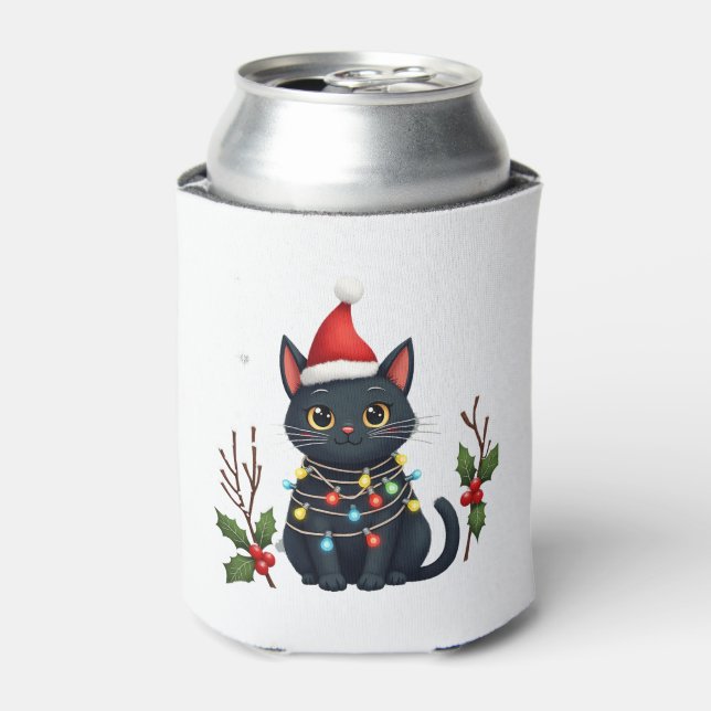 Black Cat Christmas Santa Hat Funny Meowy Cat T-Sh Can Cooler (Can Front)