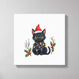 Black Cat Christmas Santa Hat Funny Meowy Cat T-Sh Canvas Print