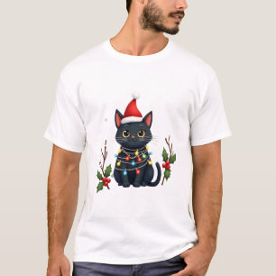 Black Cat Christmas Santa Hat Funny Meowy Cat T-Sh T-Shirt