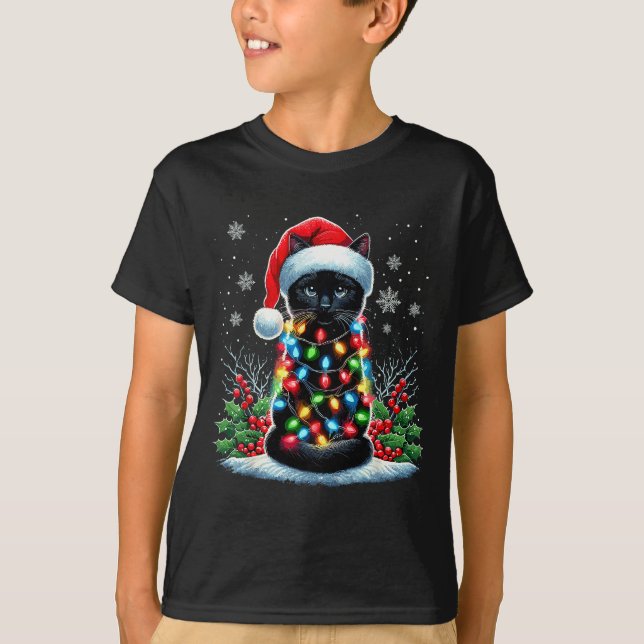 Black Cat Christmas Santa Hat Funny Meowy Cat  T-Shirt (Front)