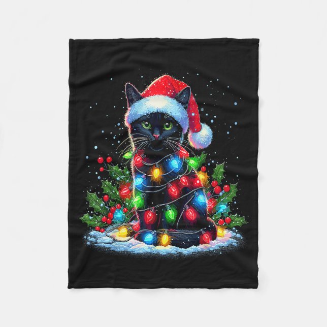 Black Cat Christmas Santa Hat Funny Meowy Cats  Fleece Blanket (Front)