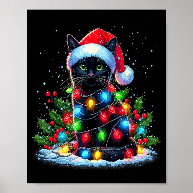 Black Cat Christmas Santa Hat Funny Meowy Cats  Poster (Front)