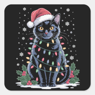 Black Cat Christmas Santa Hat Funny Meowy Cats  Square Sticker