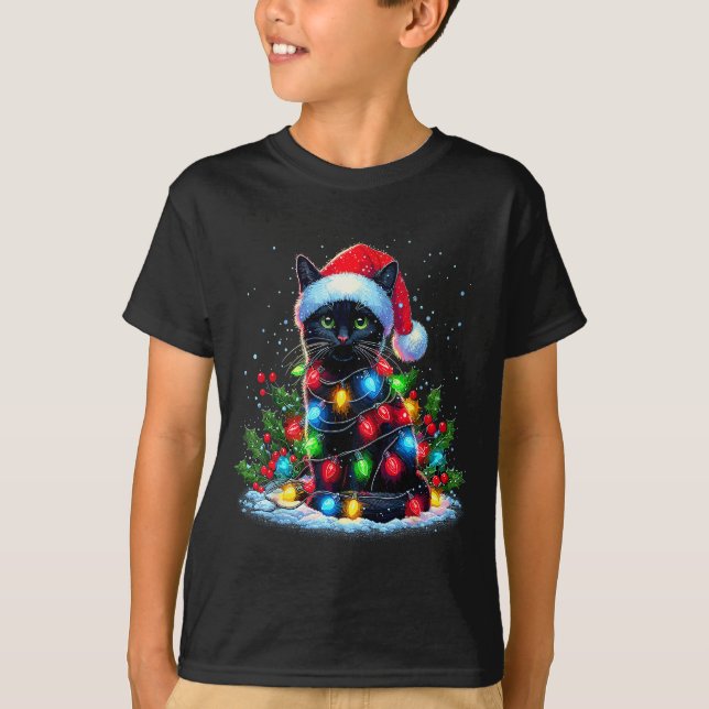 Black Cat Christmas Santa Hat Funny Meowy Cats  T-Shirt (Front)