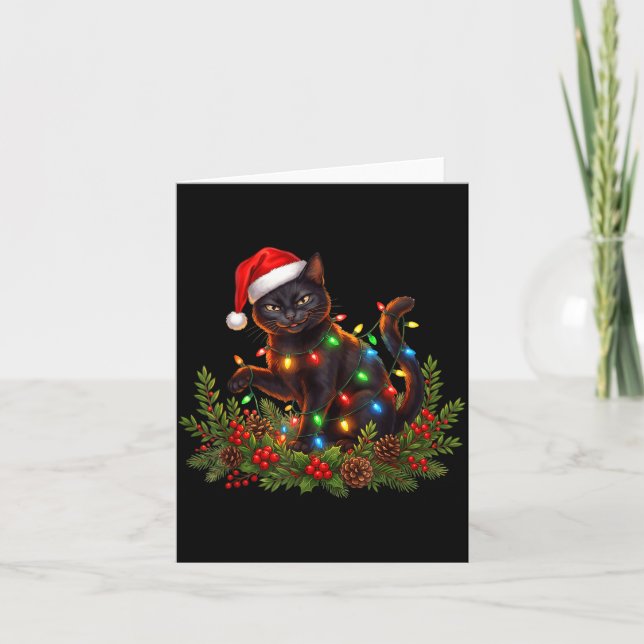 Black Cat Christmas Santa Hat Funny Meowy Cats Wom Card (Front)