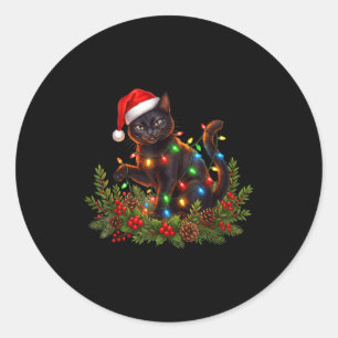 Black Cat Christmas Santa Hat Funny Meowy Cats Wom Classic Round Sticker