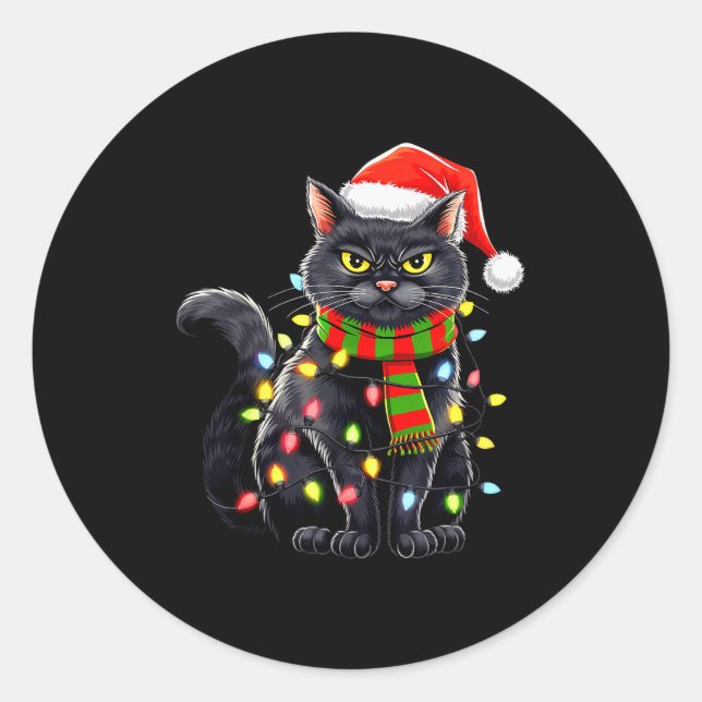 Black Cat Christmas Santa Hat Funny Meowy Cats Wom Classic Round Sticker (Front)