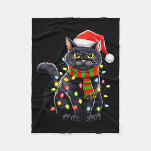 Black Cat Christmas Santa Hat Funny Meowy Cats Wom Fleece Blanket