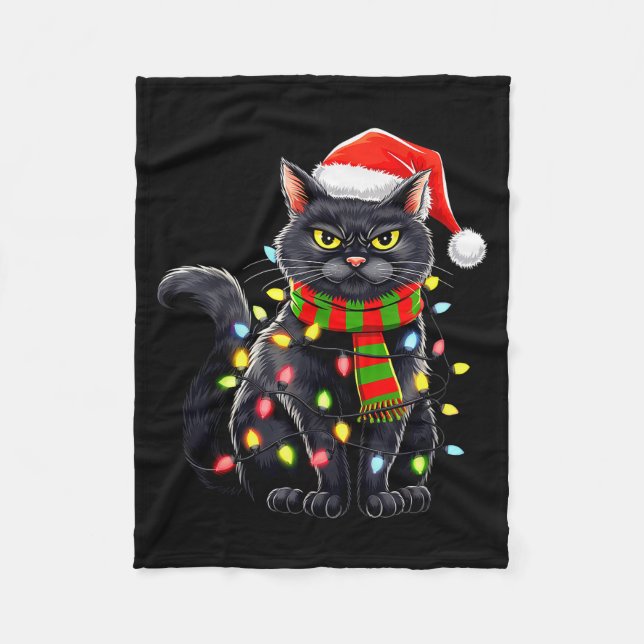 Black Cat Christmas Santa Hat Funny Meowy Cats Wom Fleece Blanket (Front)