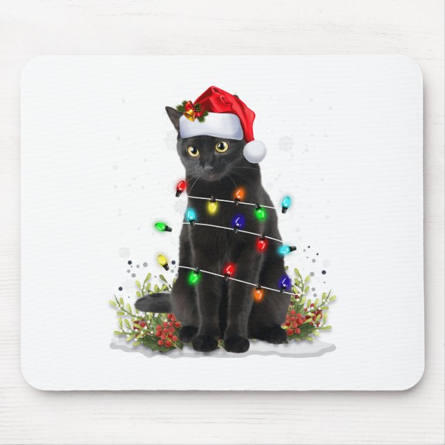 Black Cat Christmas Santa Hat Funny Meowy Cats Wom Mouse Mat (Front)