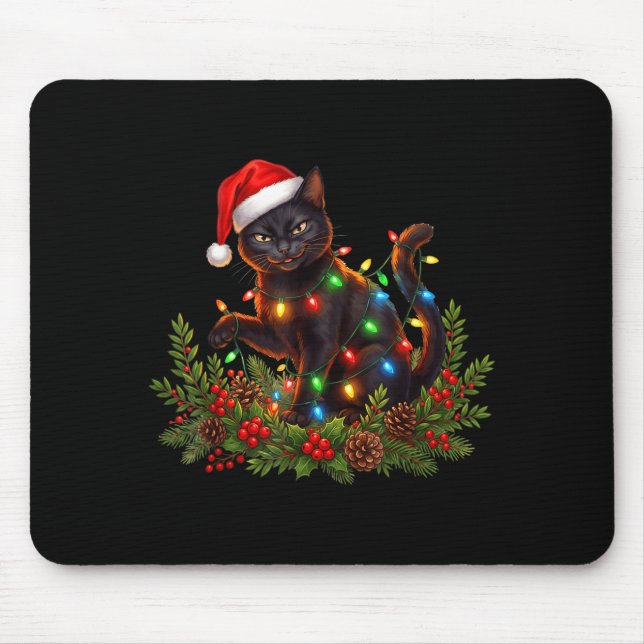 Black Cat Christmas Santa Hat Funny Meowy Cats Wom Mouse Mat (Front)