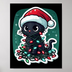 Black Cat Christmas Santa Hat Funny Meowy Cats Wom Poster