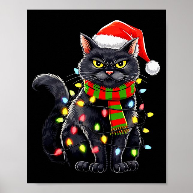 Black Cat Christmas Santa Hat Funny Meowy Cats Wom Poster (Front)