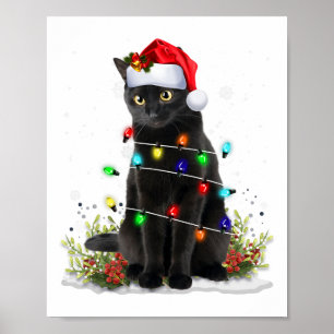Black Cat Christmas Santa Hat Funny Meowy Cats Wom Poster