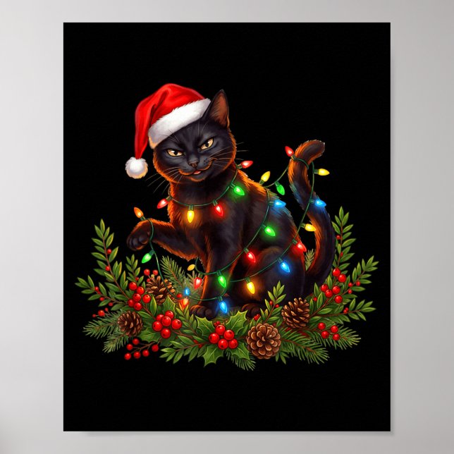 Black Cat Christmas Santa Hat Funny Meowy Cats Wom Poster (Front)