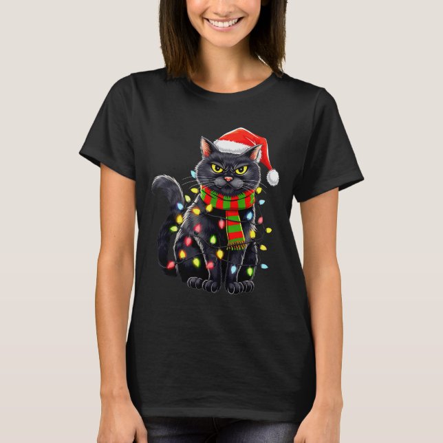 Black Cat Christmas Santa Hat Funny Meowy Cats Wom T-Shirt (Front)