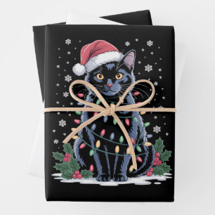 Black Cat Christmas Santa Hat Funny Meowy Cats Wrapping Paper Sheet