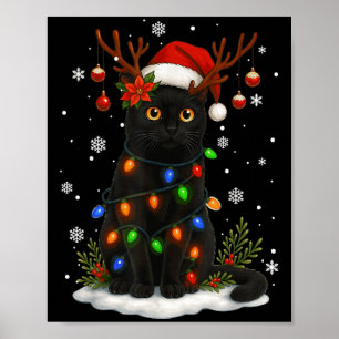 Black Cat Christmas Santa Hat Lights Funny Cats Wo Poster