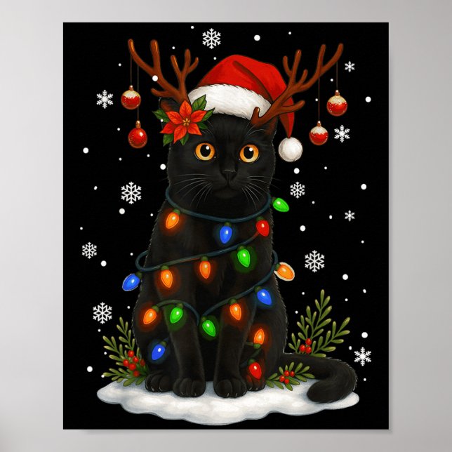 Black Cat Christmas Santa Hat Lights Funny Cats Wo Poster (Front)
