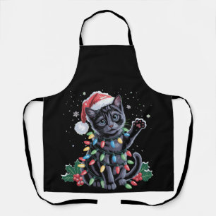 Black Cat Christmas Santa Hat Meowy Xmas Holiday Apron