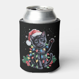 Black Cat Christmas Santa Hat Meowy Xmas Holiday Can Cooler