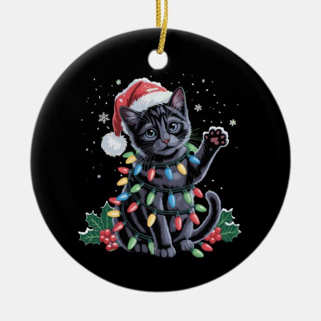 Black Cat Christmas Santa Hat Meowy Xmas Holiday Ceramic Tree Decoration (Front)