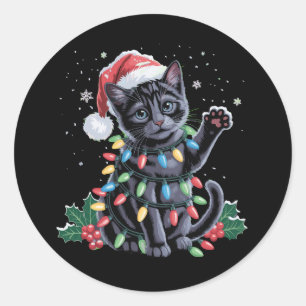 Black Cat Christmas Santa Hat Meowy Xmas Holiday Classic Round Sticker