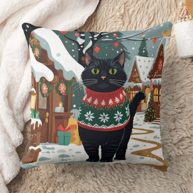 Black Cat Christmas Snow Holiday Cushion (Blanket)