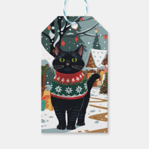 Black Cat Christmas Snow Holiday Gift Tags