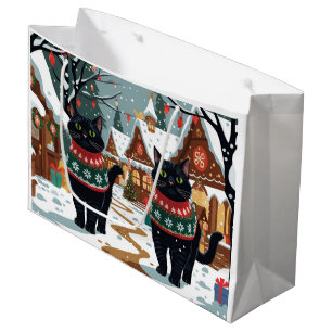 Black Cat Christmas Snow Holiday Large Gift Bag