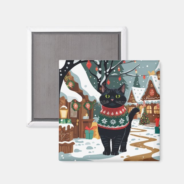 Black Cat Christmas Snow Holiday Magnet (Front/Back)