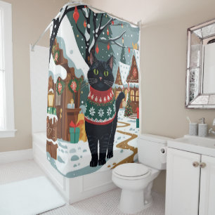 Black Cat Christmas Snow Holiday Shower Curtain