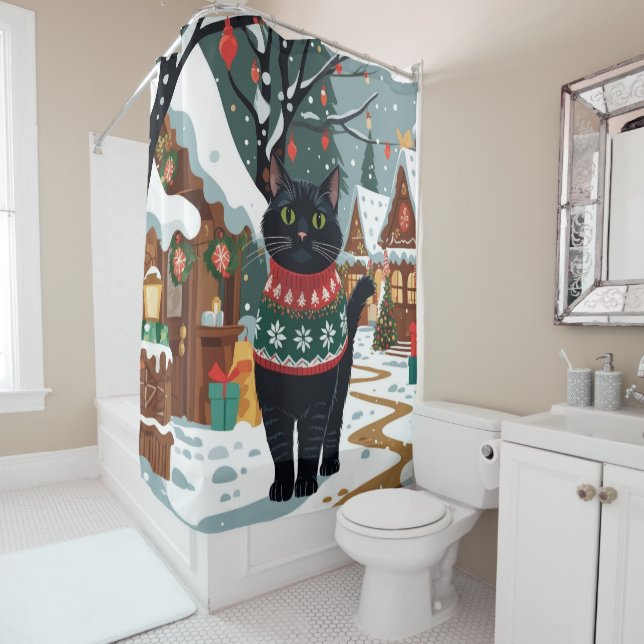 Black Cat Christmas Snow Holiday Shower Curtain (In Situ)