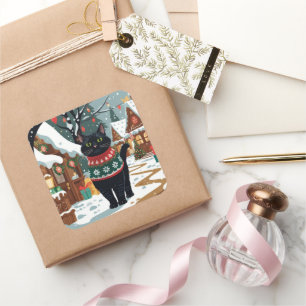 Black Cat Christmas Snow Holiday Square Sticker