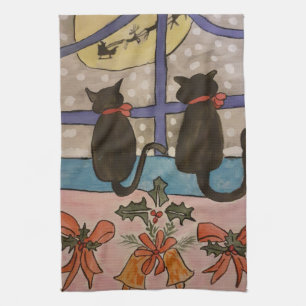 Black Cat Christmas Tea Towel